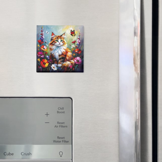 Cute Whimsical  Cat, Flowers and Butterflies Magnet (In Situ (Fridge))