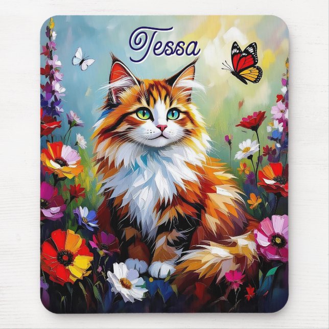 Cute Whimsical  Cat, Flowers and Butterflies Mouse Pad (Front)