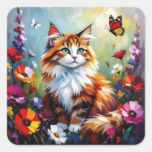 Cute Whimsical  Cat, Flowers and Butterflies Square Sticker