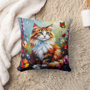 Cute Whimsical Cat, Flowers and Butterflies Throw Pillow