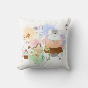 Cute Whimsical Cat Gardening Flowers Summer Throw Pillow