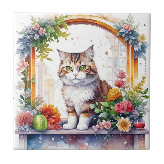 Cute Whimsical Cat in Window of Flowers   Tile (Front)