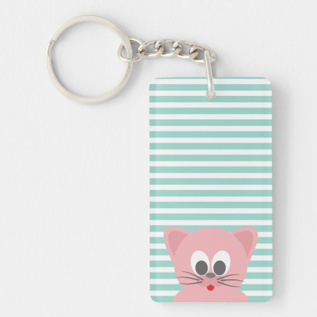 Cute Whimsical  Cat on Stripes Keychain (Front)