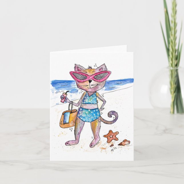 Cute Whimsical Cat on the Beach Card (Front)