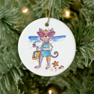 Cute Whimsical Cat on the Beach Ceramic Ornament