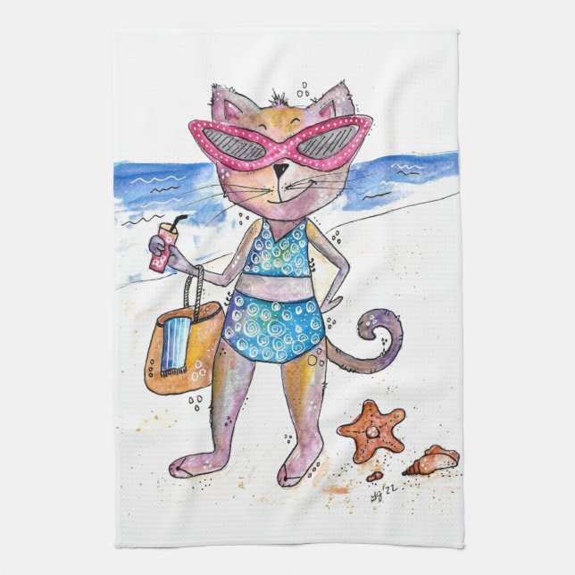 Cute Whimsical Cat on the Beach Kitchen Towel (Vertical)