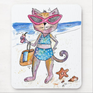 Cute Whimsical Cat on the Beach Mouse Pad