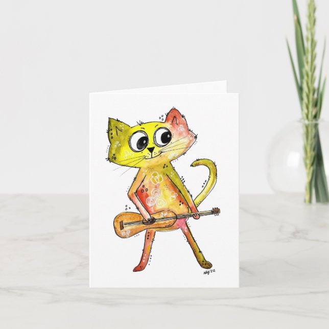 Cute Whimsical Cat Playing Guitar Card (Front)