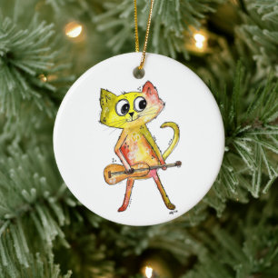 Cute Whimsical Cat Playing Guitar Ceramic Ornament