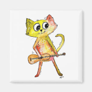 Cute Whimsical Cat Playing Guitar Magnet