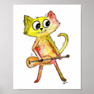 Cute Whimsical Cat Playing Guitar Poster