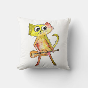 Cute Whimsical Cat Playing Guitar Throw Pillow