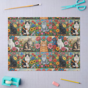 Cute Whimsical Cats and Folk Art Flowers Tissue Paper