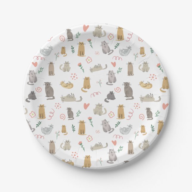 Cute Whimsical Cats Pattern Illustration Paper Plate (Front)