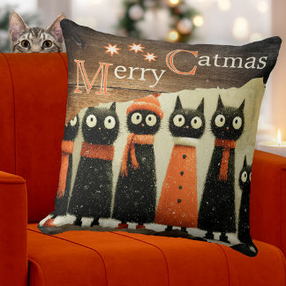 Cute Whimsical Cats Rustic Christmas Throw Pillow