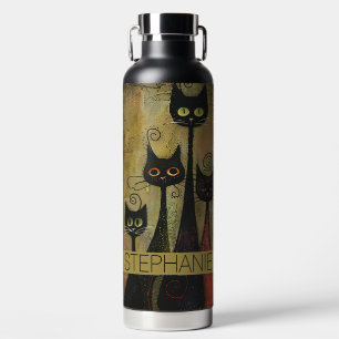 Cute Whimsical Cats with Name Water Bottle