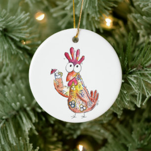 Cute Whimsical Chicken with Tropical Drink Ceramic Ornament
