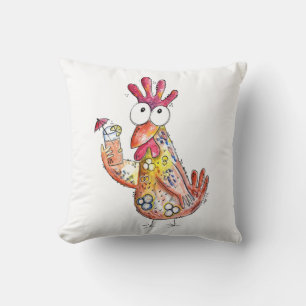 Cute Whimsical Chicken with Tropical Drink Throw Pillow