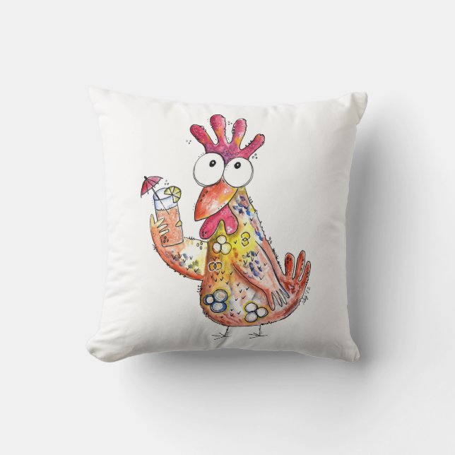 Cute Whimsical Chicken with Tropical Drink Throw Pillow (Front)