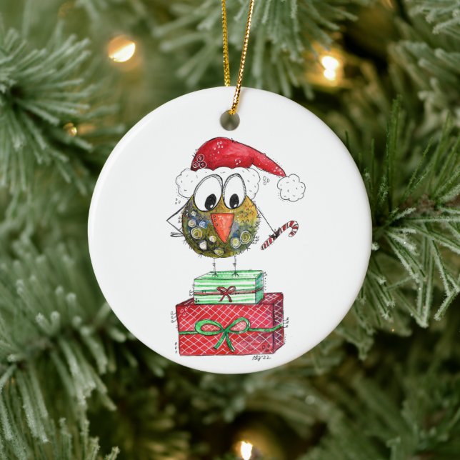 Cute Whimsical Christmas Bird Ceramic Ornament (Tree)