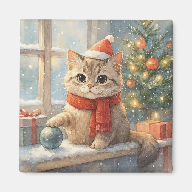 Cute Whimsical Christmas cat Magnet (Front)