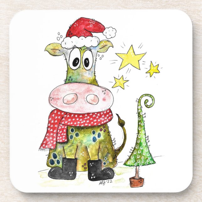 Cute Whimsical Christmas Cow Coaster (Front)