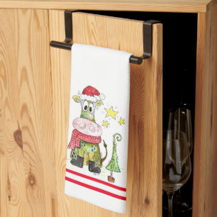 Cute Whimsical Christmas Cow Kitchen Towel