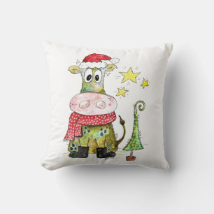 Cute Whimsical Christmas Cow Throw Pillow