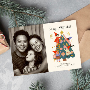 Cute Whimsical Christmas Elves and Tree Family Card