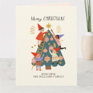 Cute Whimsical Christmas Elves and Tree Family Card