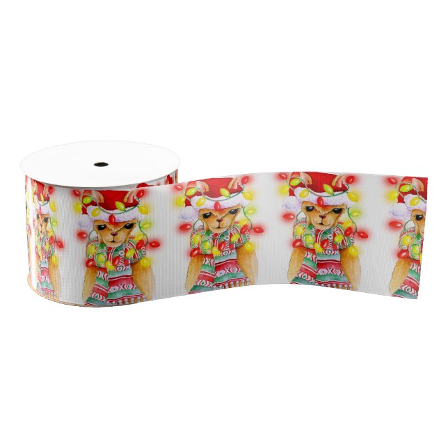 Cute whimsical Christmas Llama watercolor pattern Grosgrain Ribbon (Spool)