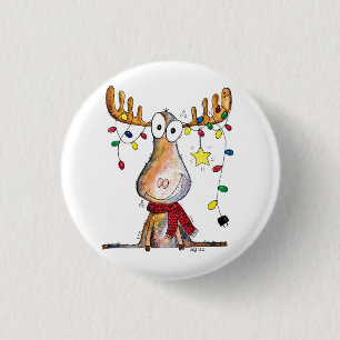 Cute Whimsical Christmas Moose 1 Inch Round Button