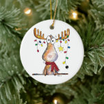 Cute Whimsical Christmas Moose Ceramic Ornament<br><div class="desc">This is an original mixed media painting of a whimsical Christmas moose tangled in Christmas lights.</div>