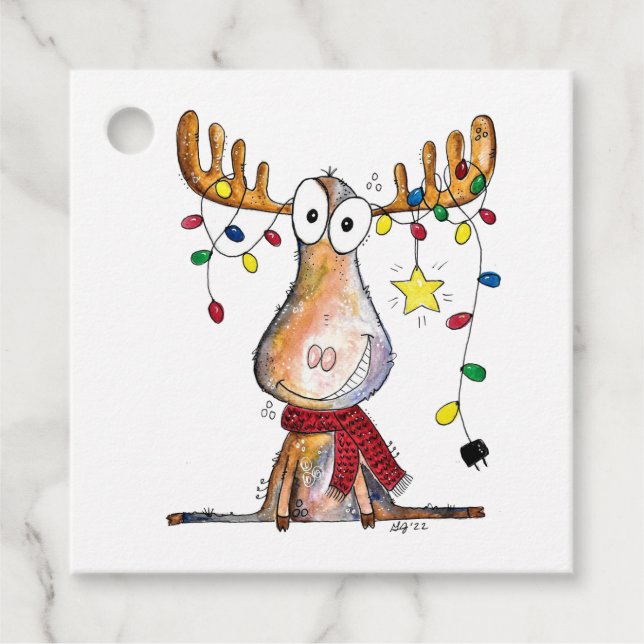 Cute Whimsical Christmas Moose Favour Tags (Front)