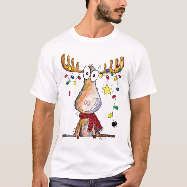 Cute Whimsical Christmas Moose T-Shirt (Front)
