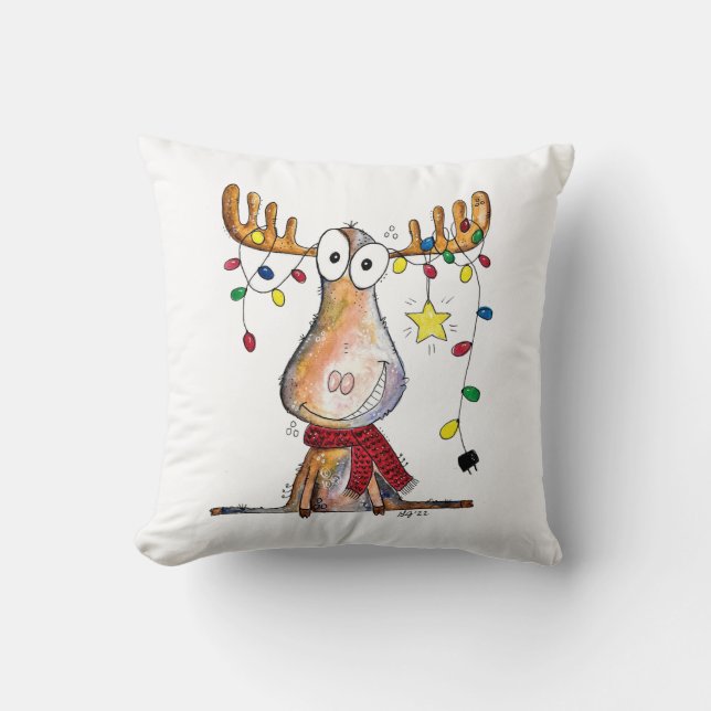 Cute Whimsical Christmas Moose Throw Pillow (Front)