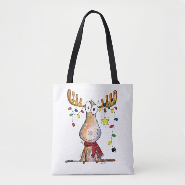 Cute Whimsical Christmas Moose Tote Bag (Front)