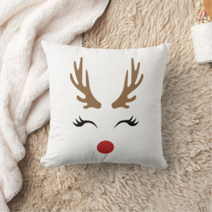 Cute Whimsical Christmas Smiling Reindeer Face Throw Pillow