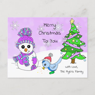 Cute Whimsical Christmas Snowman and Bird Postcard