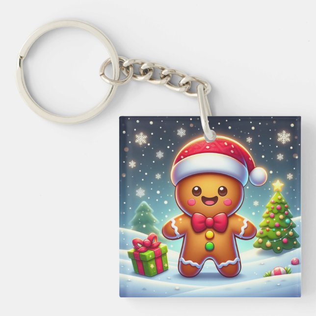 Cute Whimsical Christmas/winter gingerbread man Keychain (Front)