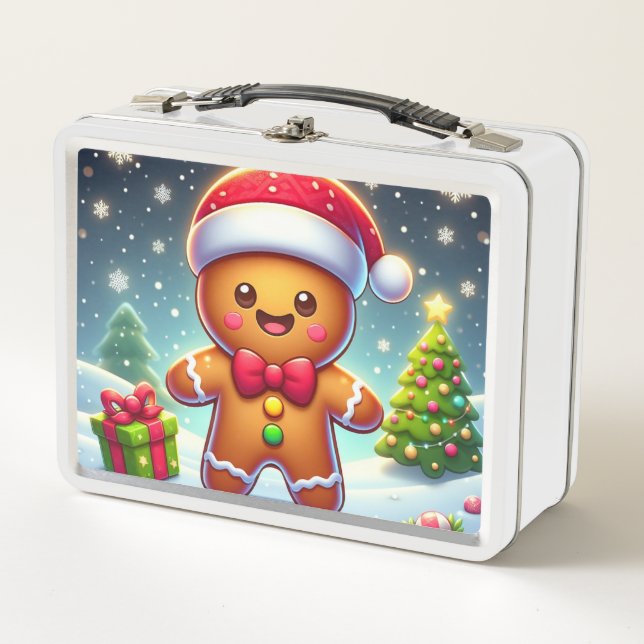 Cute Whimsical Christmas/winter gingerbread man Metal Lunch Box (Front)