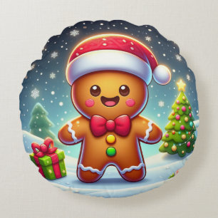 Cute Whimsical Christmas/winter gingerbread man Round Pillow