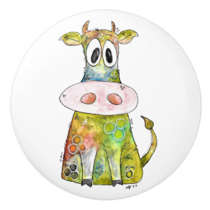 Cute Whimsical Colorful Cow Ceramic Knob
