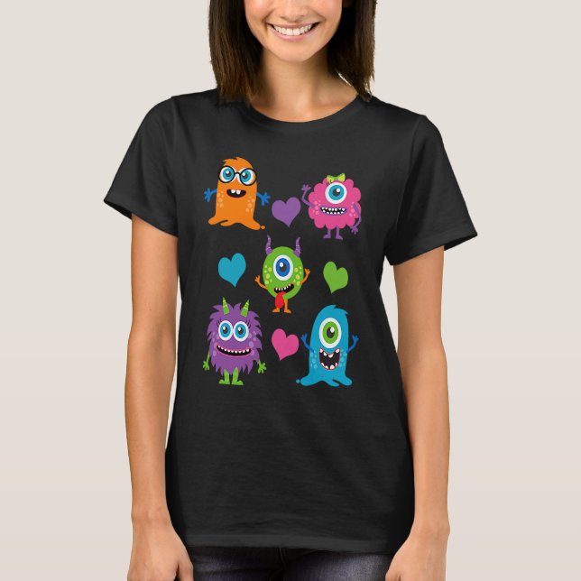 Cute Whimsical Colorful Little Monsters With Heart T-Shirt (Front)