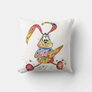 Cute Whimsical Colourful Bunny with Carrot Throw Pillow