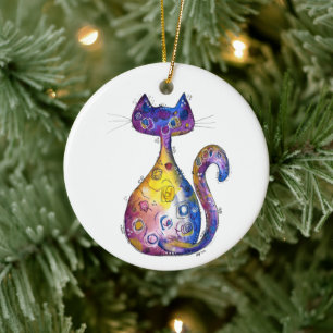 Cute Whimsical Colourful Cat Ceramic Ornament
