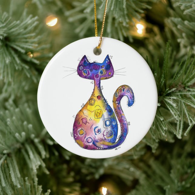 Cute Whimsical Colourful Cat Ceramic Ornament (Tree)