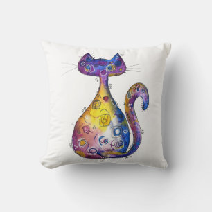 Cute Whimsical Colourful Cat Throw Pillow