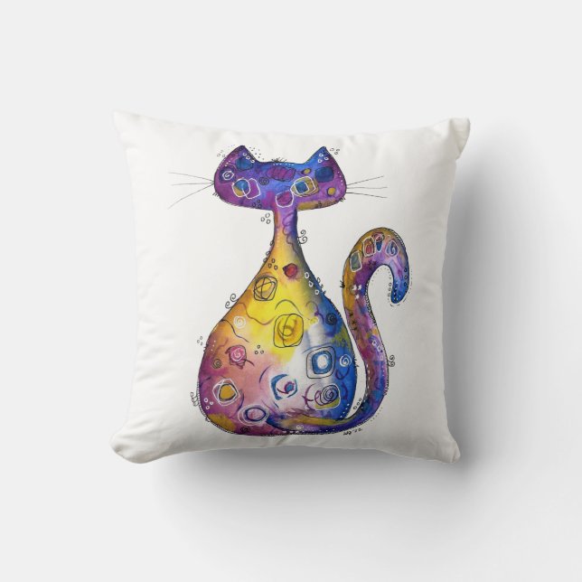 Cute Whimsical Colourful Cat Throw Pillow (Front)