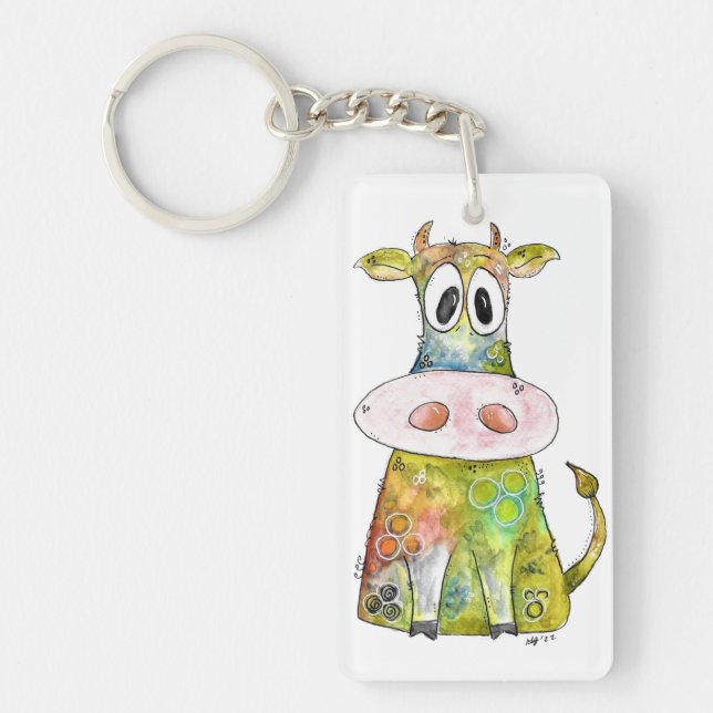 Cute Whimsical Colourful Cow Keychain (Front)